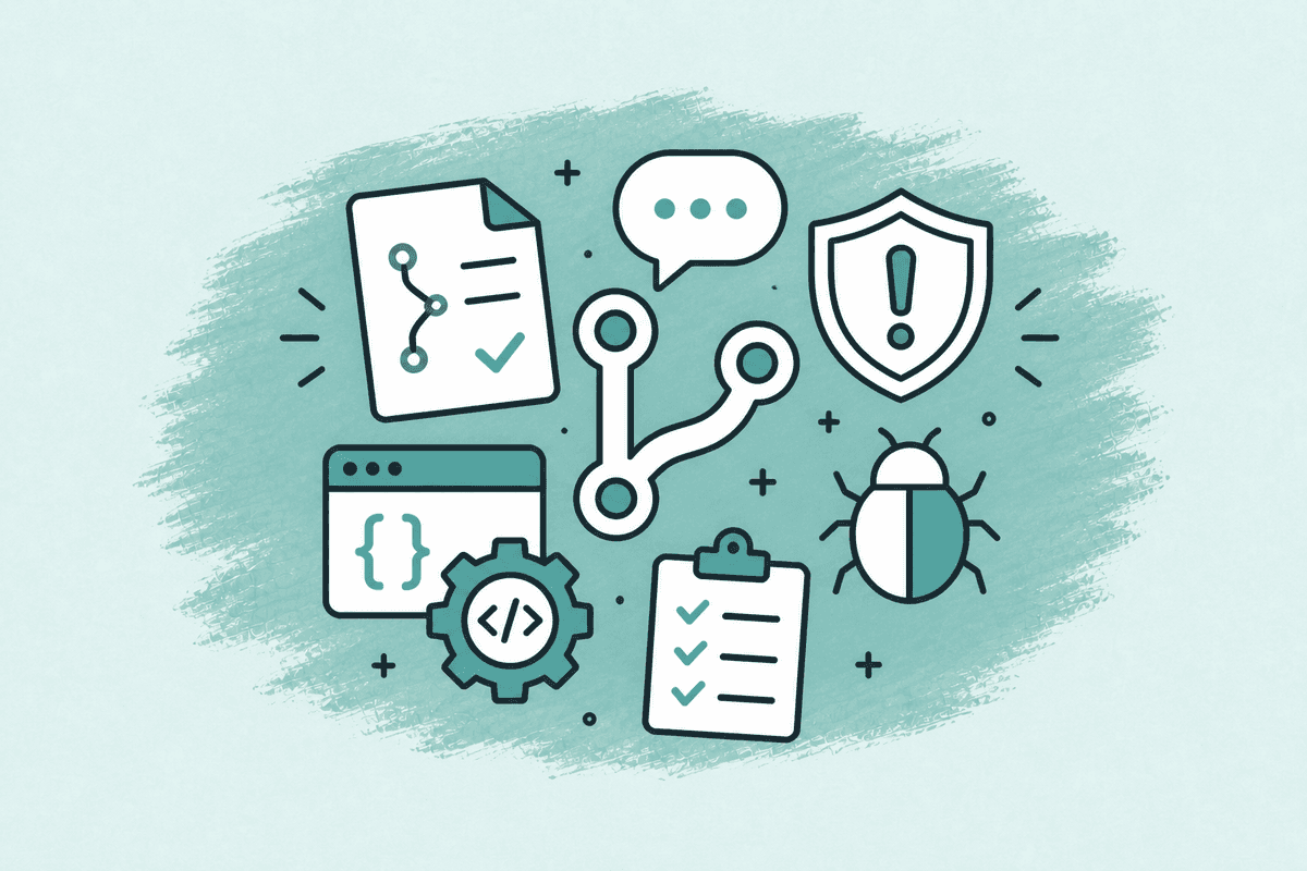 Flat engineering icons for AI agents: git branch, pull request, bug, shield, checklist, and Slack