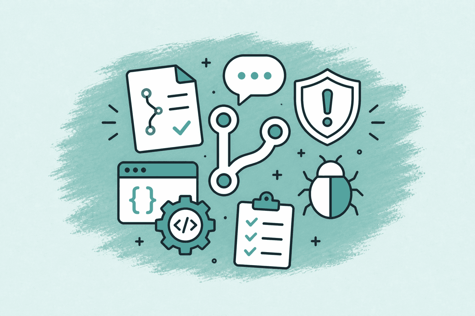 Flat engineering icons for AI agents: git branch, pull request, bug, shield, checklist, and Slack