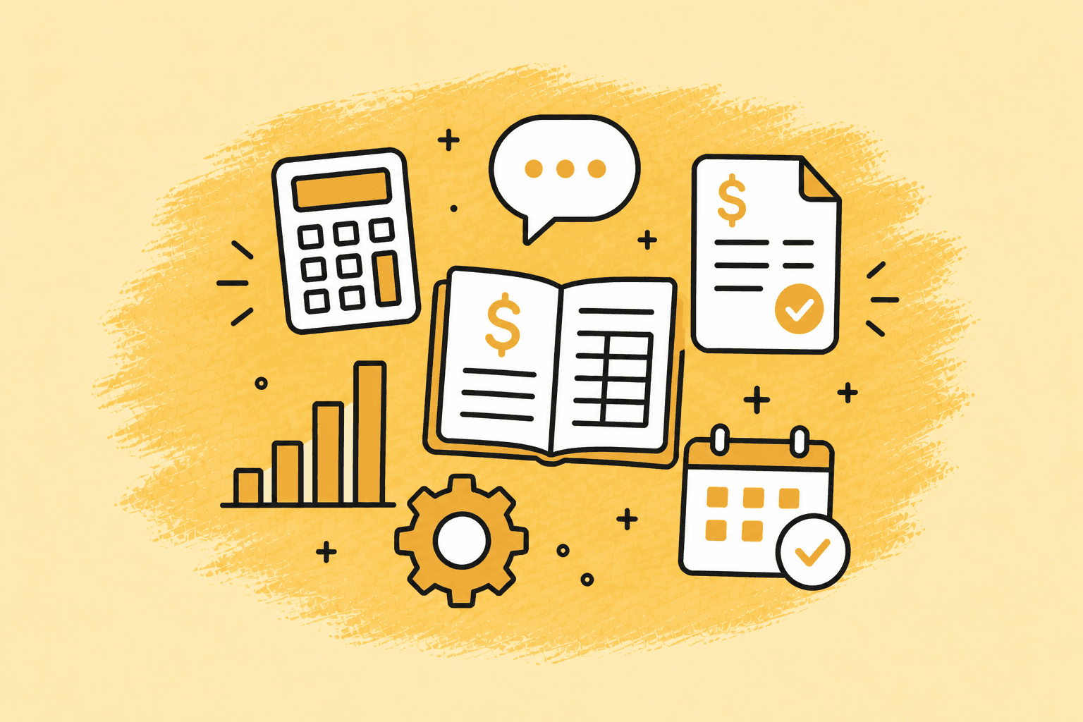 Flat finance and ops icons on a warm amber brushstroke: calculator, invoice, chart, gear, calendar, and checklist