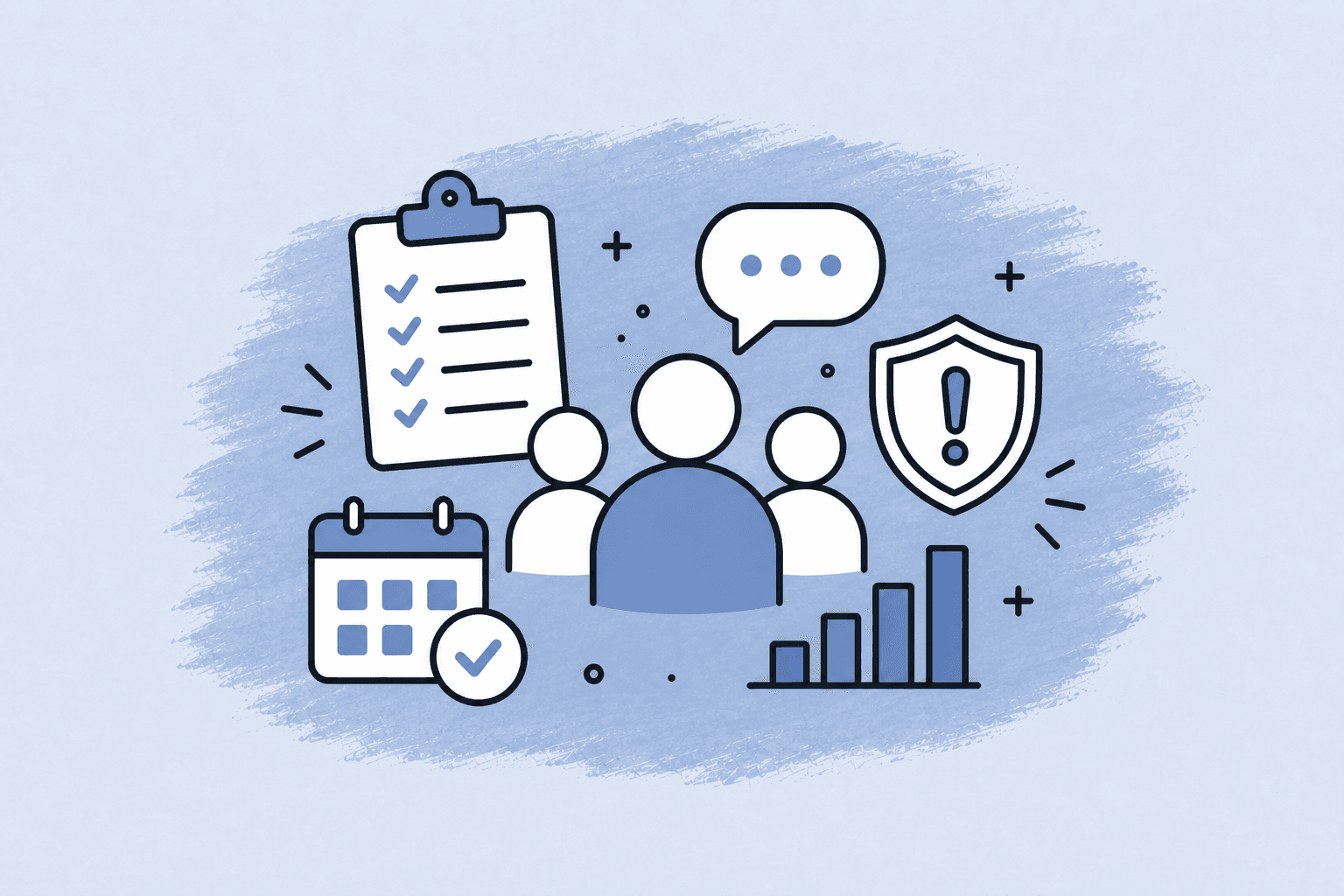 Flat icons for manager work: checklist, team, calendar, risk shield, chat, and progress chart